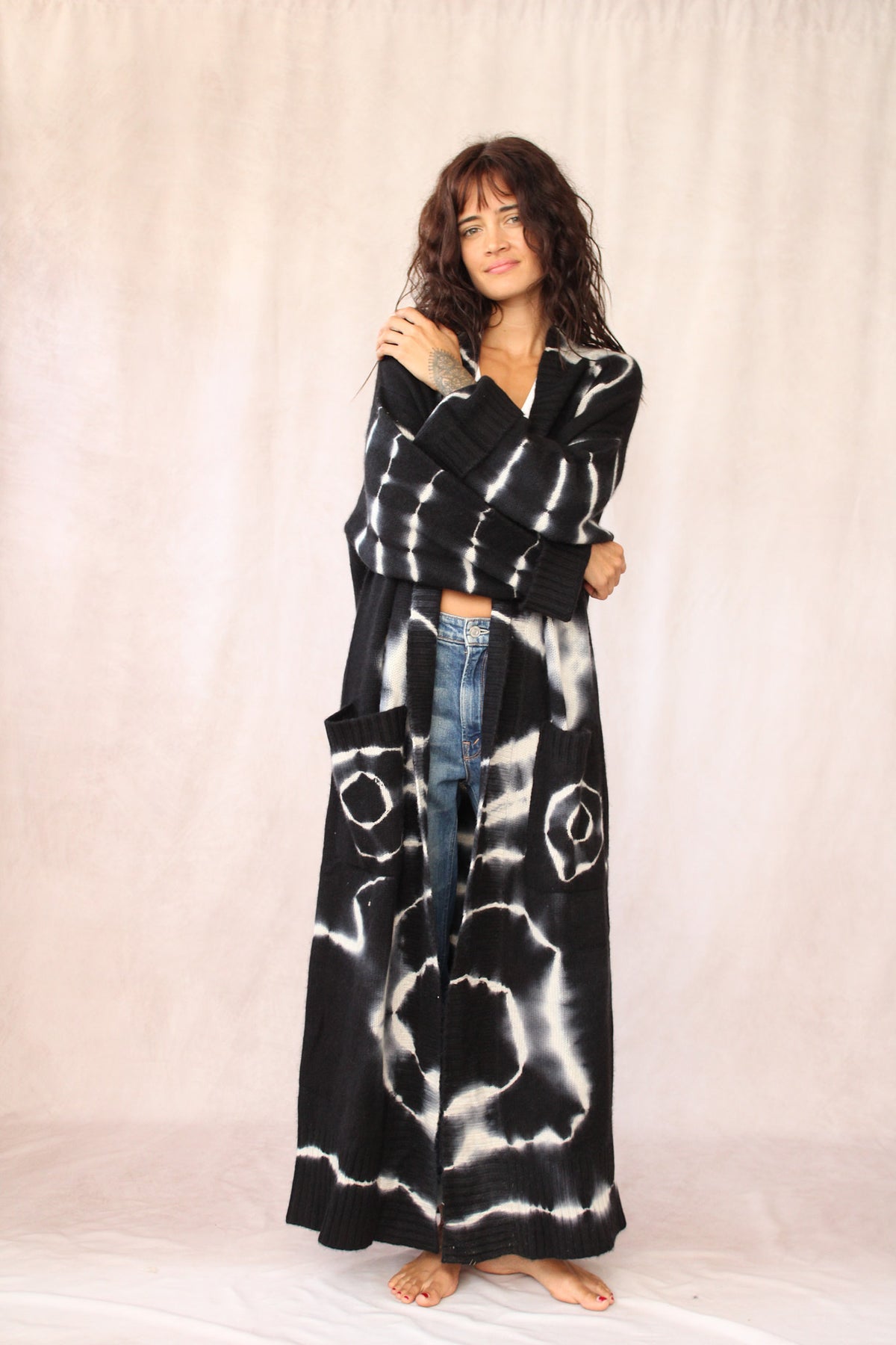 CASHMERE TIE DYE LONG CARDIGAN BLACK